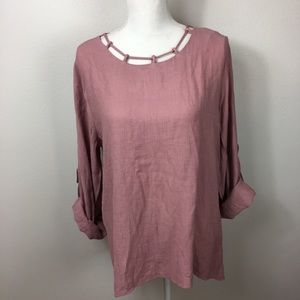 Umgee High Low  Blouse Roll Tab Sleeve Large